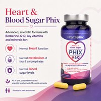 Heart & Blood Sugar Phix supports normal heart function, normal metabolism and normal blood sugar levels