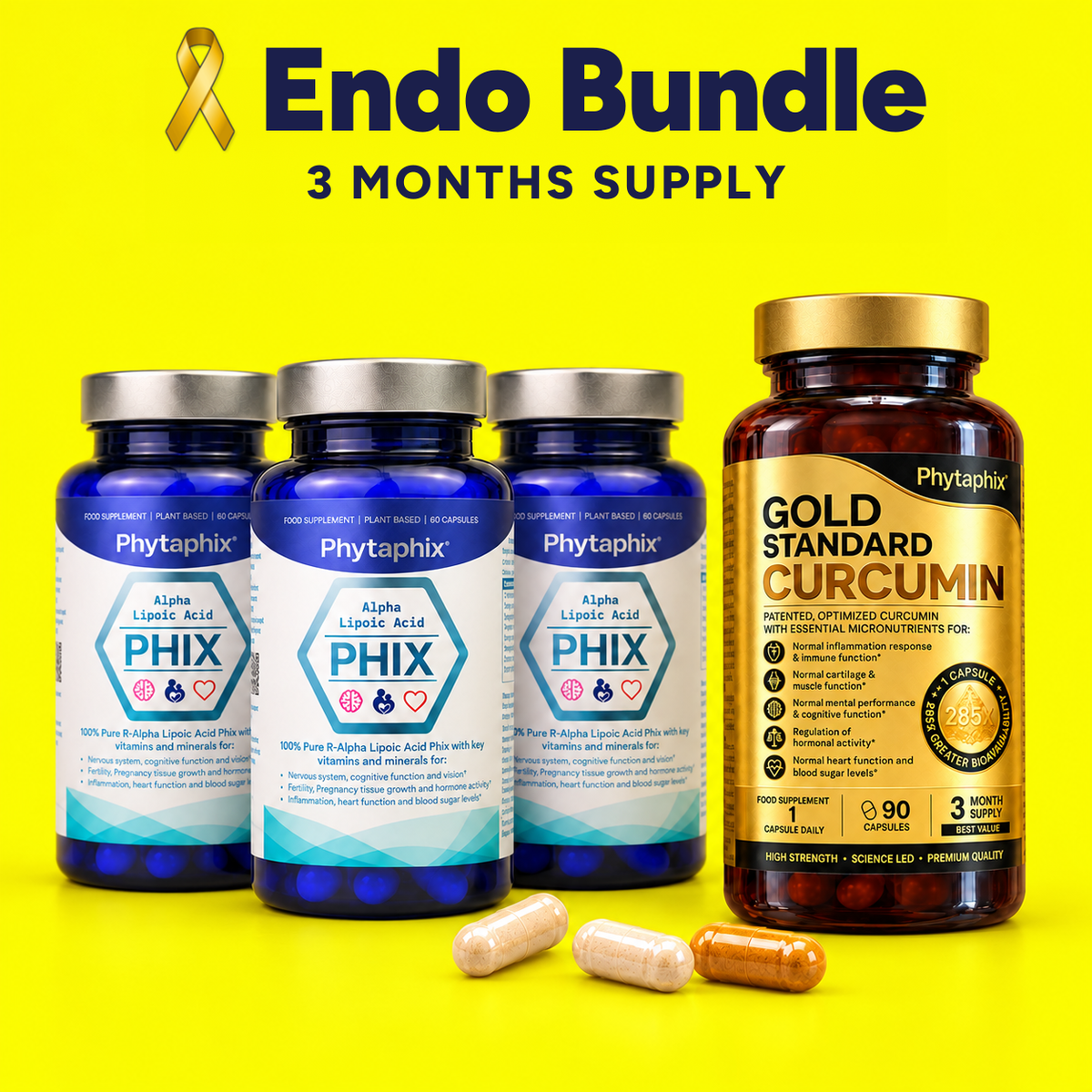 Endo Bundle: three bottles of Lipoic Acid Phix and one bottle of Gold Standard Curcumin, a 3 month supply