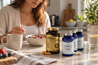Endo Bundle Gold: Gold Standard Curcumin and Lipoic Acid Phix on a breakfast table