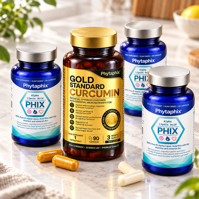 Endo Bundle Gold: Gold Standard Curcumin with three bottles of Lipoic Acid Phix on a kitchen counter