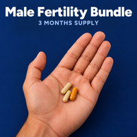 Male Fertility Bundle: the daily dose in a hand, two Lipoic Acid Phix capsules and one Gold Standard Curcumin capsule