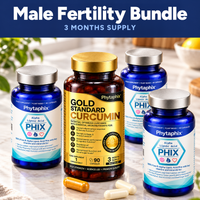 Male Fertility Bundle: Gold Standard Curcumin and three bottles of Lipoic Acid Phix on a kitchen counter