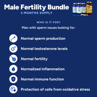 Male Fertility Bundle: who it is for, men with sperm issues looking for normal sperm production, testosterone levels and fertility, plus support with inflammation, immune function and protection of cells from oxidative stress