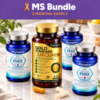MS Bundle: Gold Standard Curcumin and three bottles of Lipoic Acid Phix on a kitchen counter